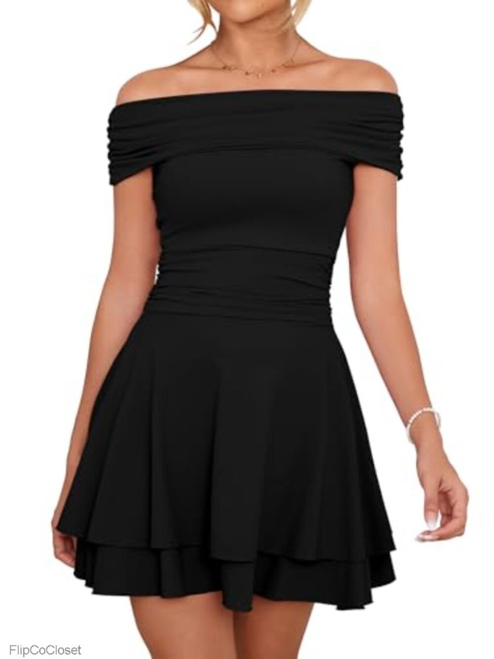 Off Shoulder Ruched Waist Party Mini Dress Backless Ruffle Hem Sleeveless Club